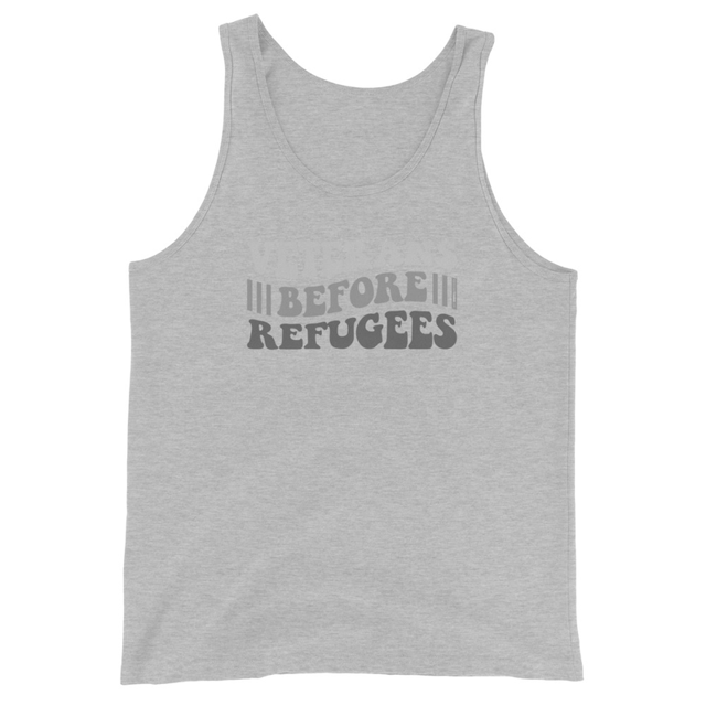 Veterans Before Refugees tank top in Athletic Heather colorway, product mockup
