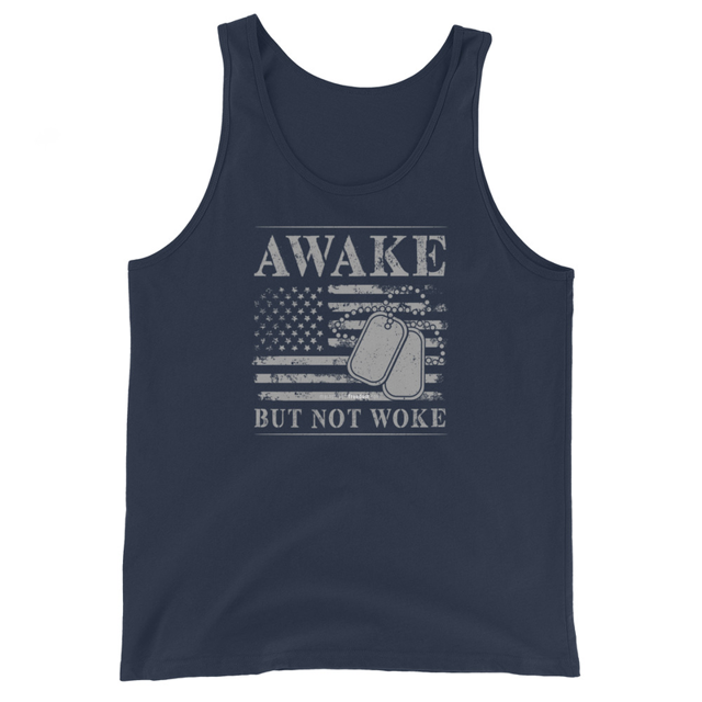 Awake But Not Woke tank top in Navy colorway, product mockup