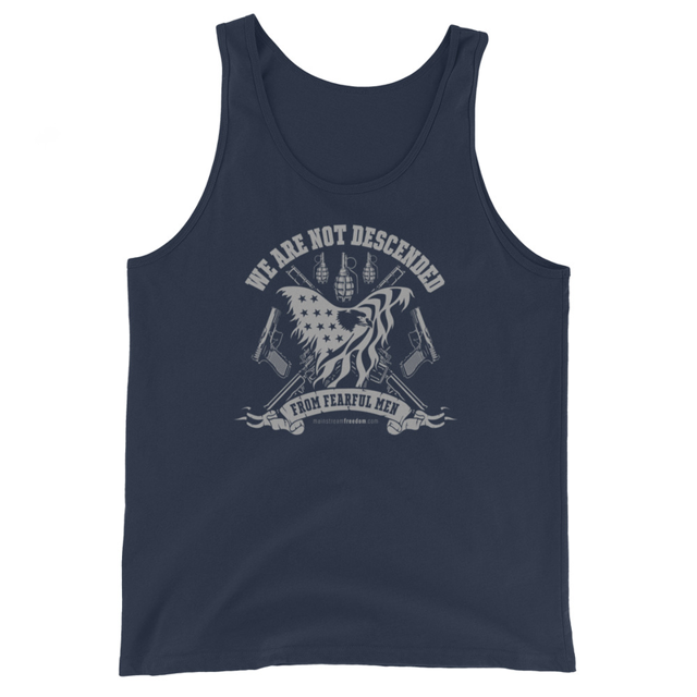 We Are Not Descended from Fearful Men tank top in Navy colorway, product mockup