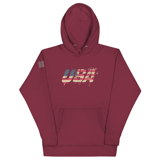 USA Grunge hoodie in Maroon colorway, product mockup