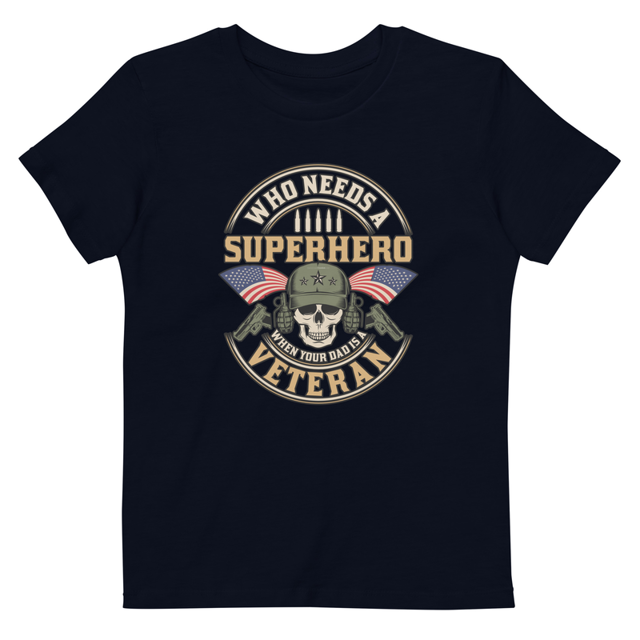 Who Needs A Superhero When Your Dad Is A Veteran Organic cotton kids t-shirt in French Navy, product mockup