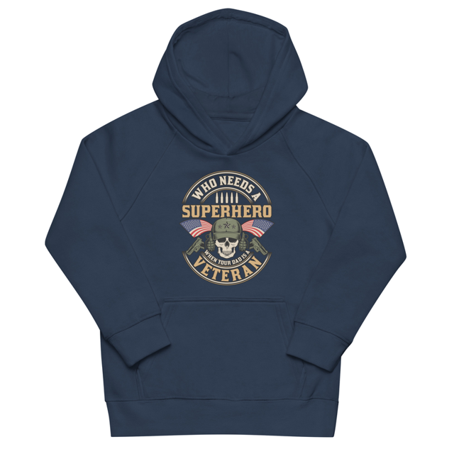Who Needs A Superhero When Your Dad Is A Veteran Kids eco hoodie in French Navy, product mockup