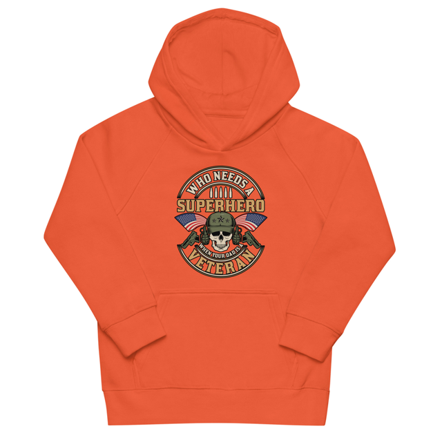 Who Needs A Superhero When Your Dad Is A Veteran Kids eco hoodie in Burnt orange, product mockup