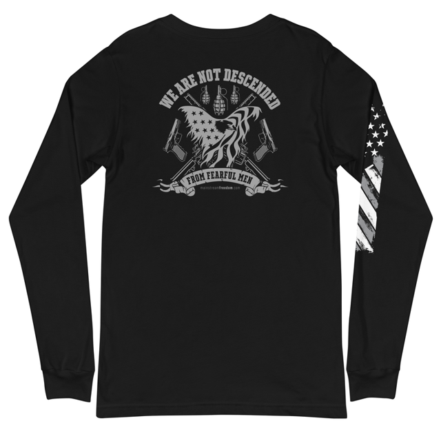 We Are Not Descended from Fearful Men Unisex Conservative Unisex Long Sleeve Tee (Back Design) in Black, product mockup