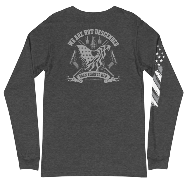 We Are Not Descended from Fearful Men Unisex Conservative Unisex Long Sleeve Tee (Back Design) in Dark Grey Heather, product mockup