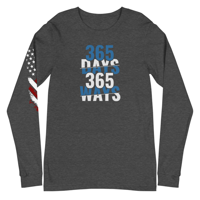 365 Days 365 Ways long sleeve tee in Dark Grey Heather, product mockup