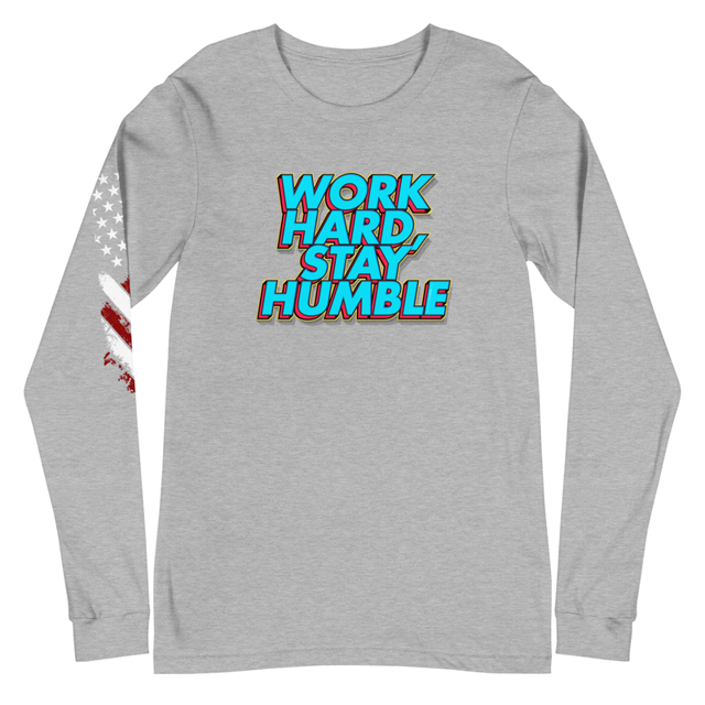 Work Hard, Stay Humble Unisex Long Sleeve Tee in Athletic Heather, product mockup