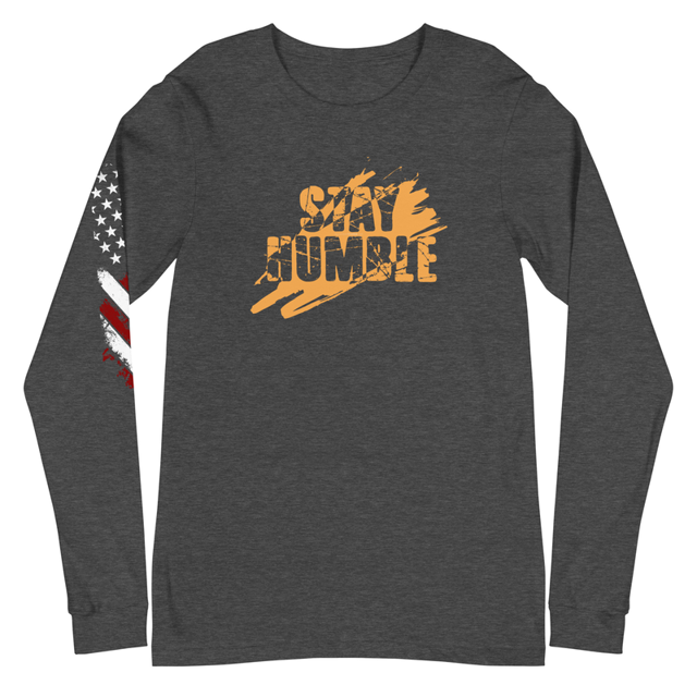 Stay Humble long sleeve tee in Dark Grey Heather, product mockup