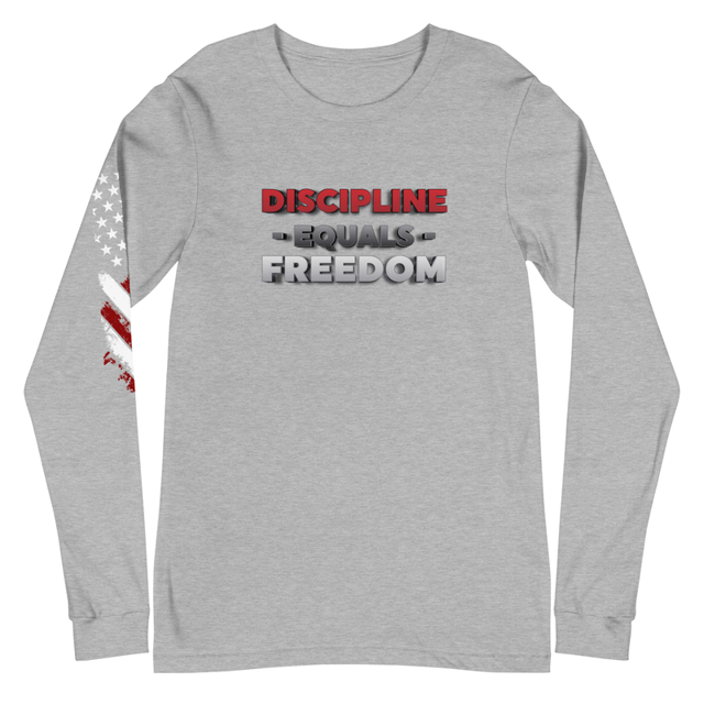 Discipline Equals Freedom long sleeve tee in Athletic Heather, product mockup