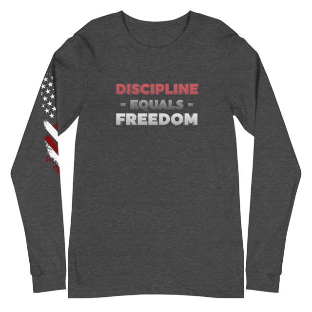 Discipline Equals Freedom long sleeve tee in Dark Grey Heather, product mockup