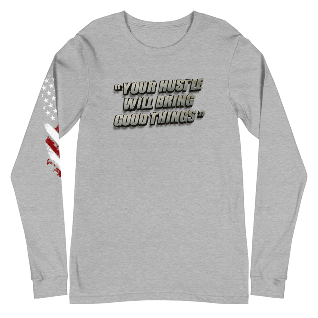 Your Hustle Will Bring Good Things long sleeve tee in Athletic Heather, product mockup