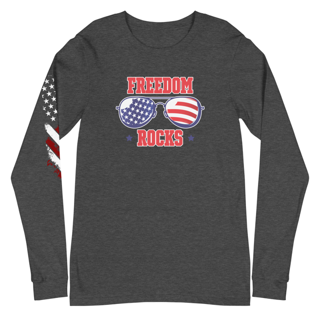 Freedom Rocks long sleeve tee in Dark Grey Heather, product mockup