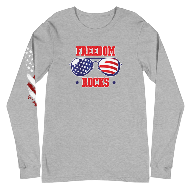 Freedom Rocks long sleeve tee in Athletic Heather, product mockup