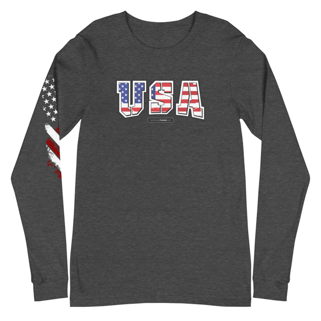USA long sleeve tee in Dark Grey Heather, product mockup