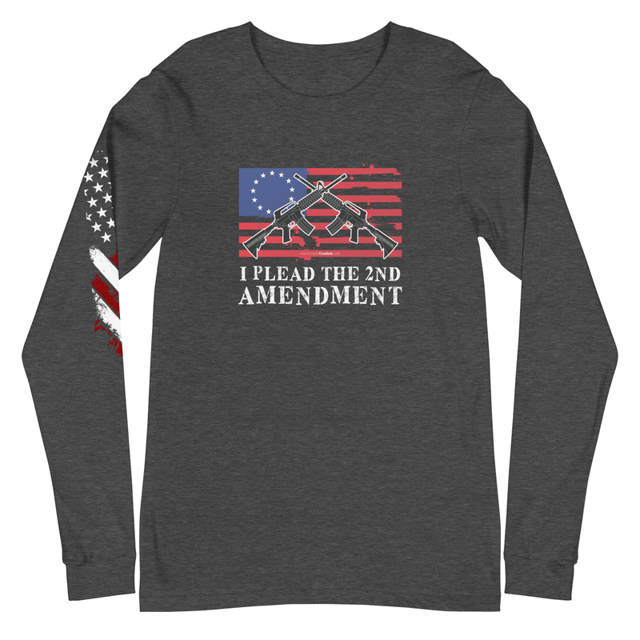 I Plead The 2nd Amendment long sleeve tee in Dark Grey Heather, product mockup