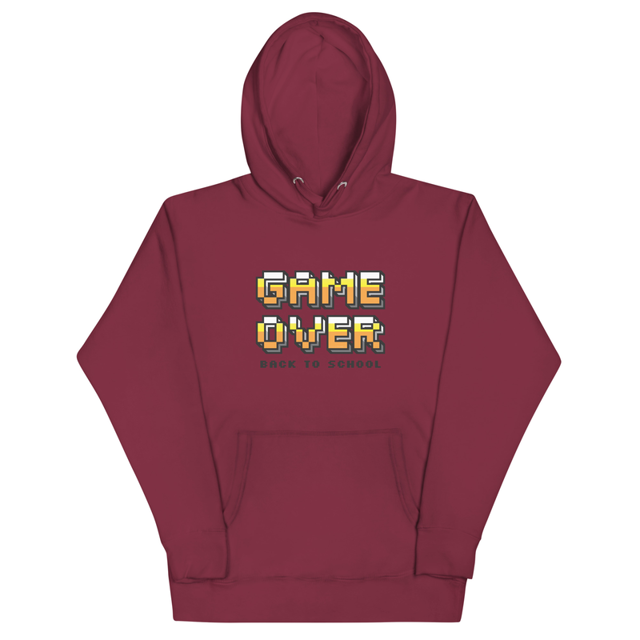 Game Over Back To School hoodie in Maroon colorway, product mockup