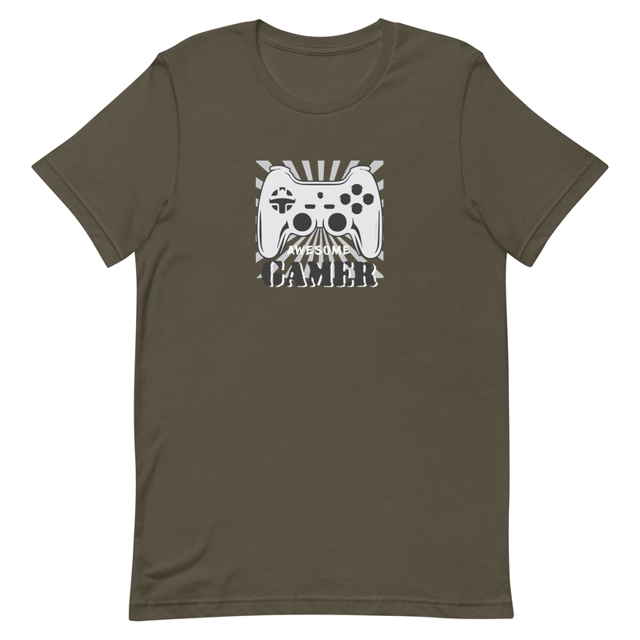 Awesome Gamer t-shirt in army green, product mockup