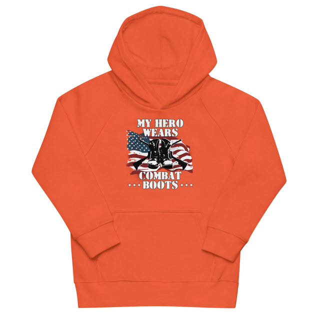 My Hero Wears Combat Boots Kids eco hoodie in Burnt orange, product mockup