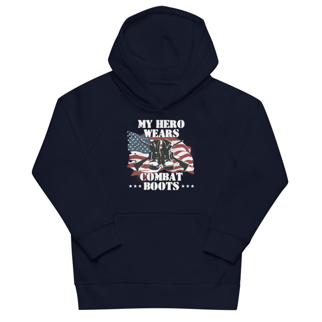 My Hero Wears Combat Boots Kids eco hoodie in French Navy, product mockup