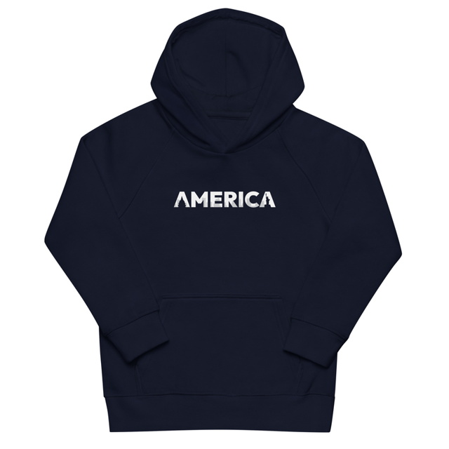 America Kids eco hoodie in French Navy, product mockup