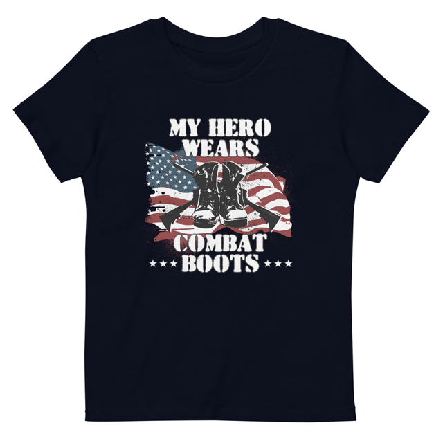 My Hero Wears Combat Boots Organic cotton kids t-shirt in French Navy, product mockup
