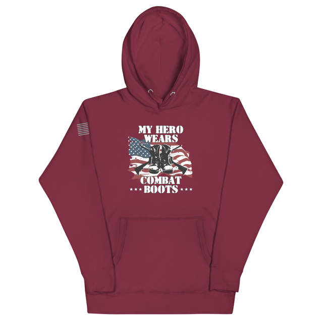 My Hero Wears Combat Boots Unisex Hoodie in Maroon, product mockup