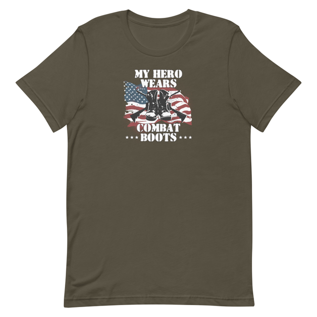 My Hero Wears Combat Boots Pro Military Patriotic T-Shirt in Army, product mockup