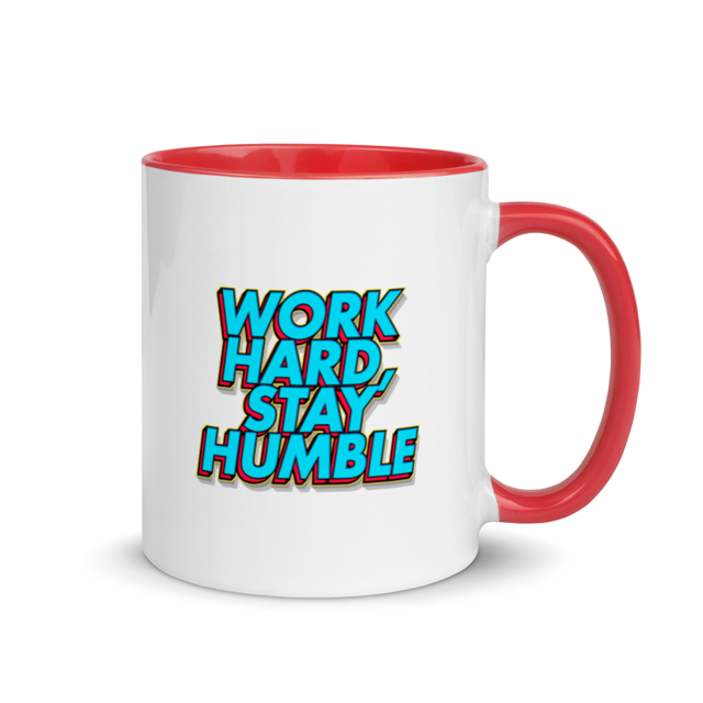 Work Hard, Stay Humble Mug with Color Inside in red, product mockup