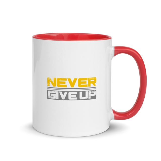 Never Give Up Mug with Color Insides in red, product mockup