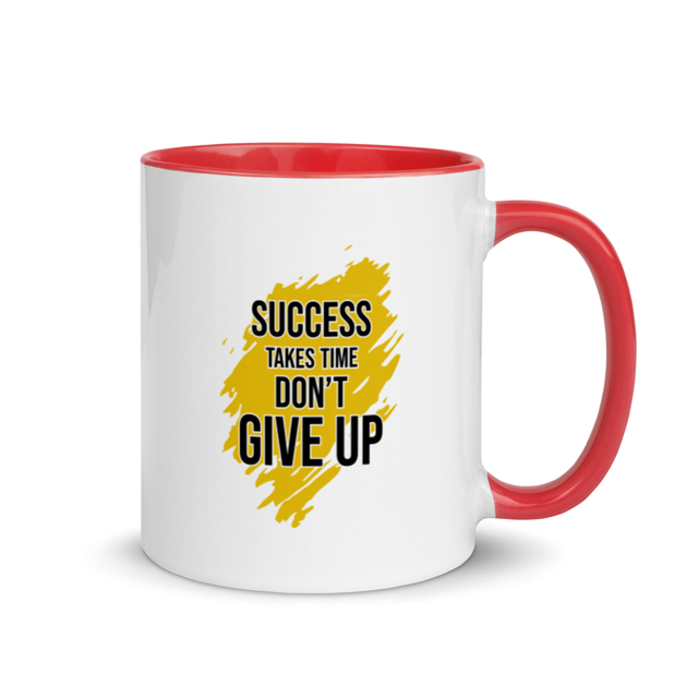 Success Takes Time Don't Give Up Mug with Color Inside in Red, product mockup