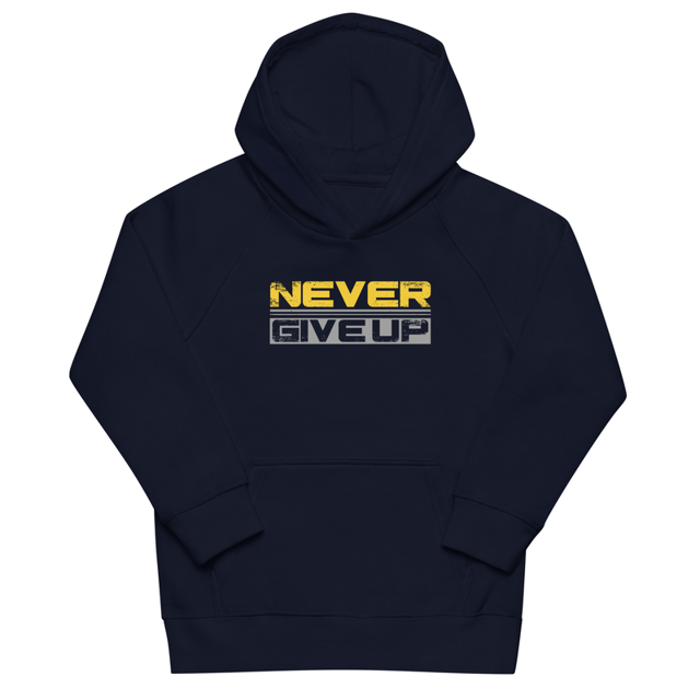 Never Give Up Kids eco hoodie in French Navy, product mockup