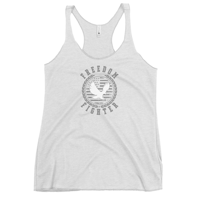Freedom Fighter tank top in Heather White, product mockup