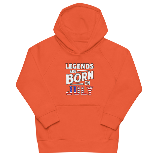 Legends Are Born In July kids hoodie in burnt orange, product mockup
