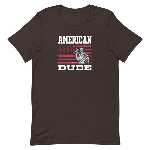 American Dude flag graphic t-shirt in brown, product mockup