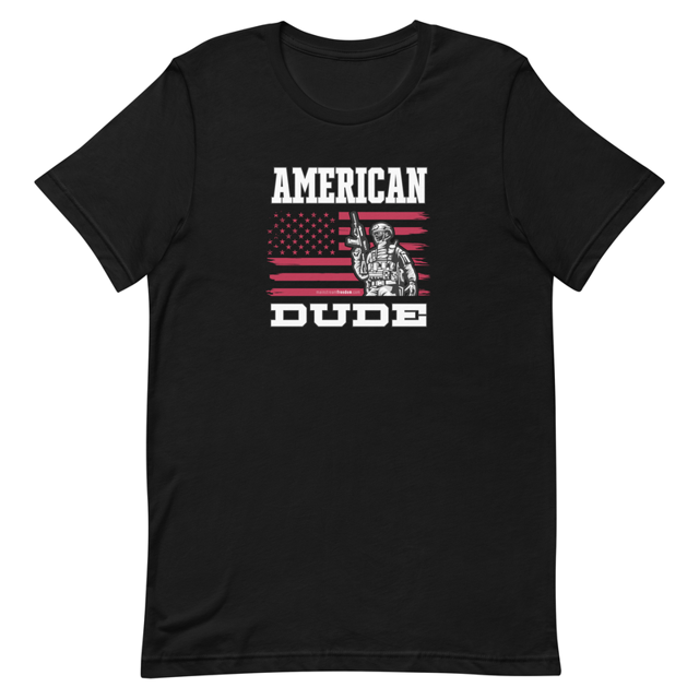 American Dude flag graphic t-shirt in black, product mockup