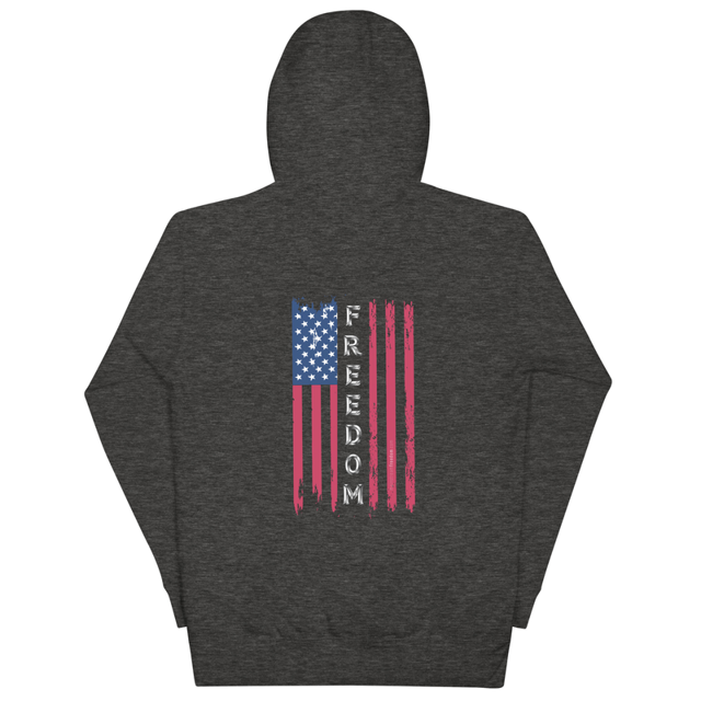 Freedom Flag hoodie in charcoal heather, back design, product mockup