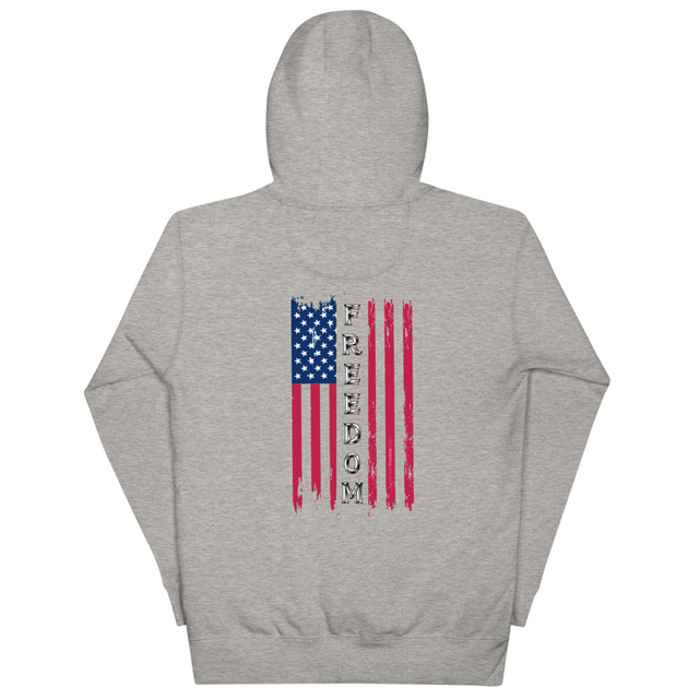 Freedom Flag hoodie in carbon grey, back design, product mockup