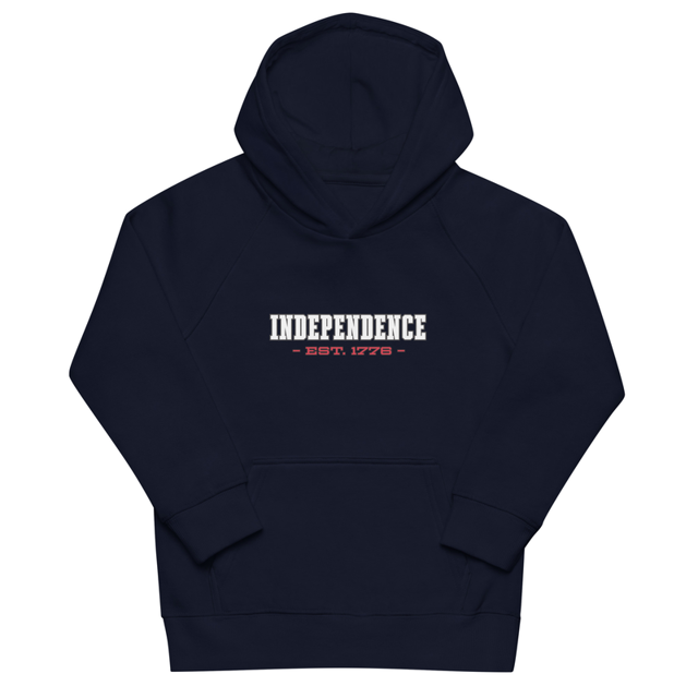 Independence Est. 1776 kids eco hoodie in French Navy colorway, product mockup