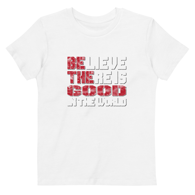 Believe There Is Good In The World kids t-shirt in white, product mockup
