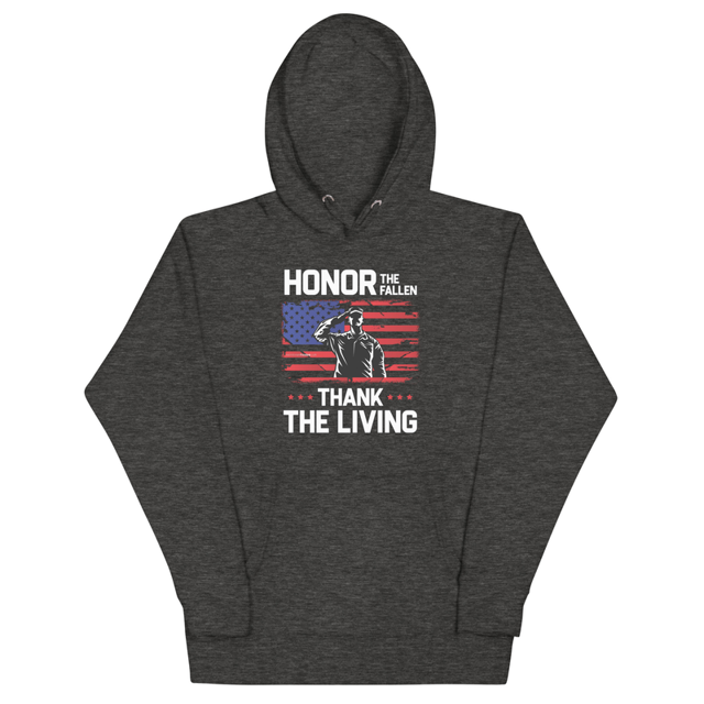 Honor The Fallen Thank The Living hoodie in Charcoal Heather, product mockup