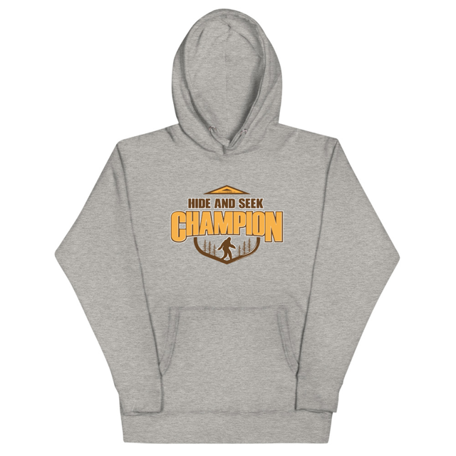 Hide and Seek Champion hoodie in carbon grey, product mockup