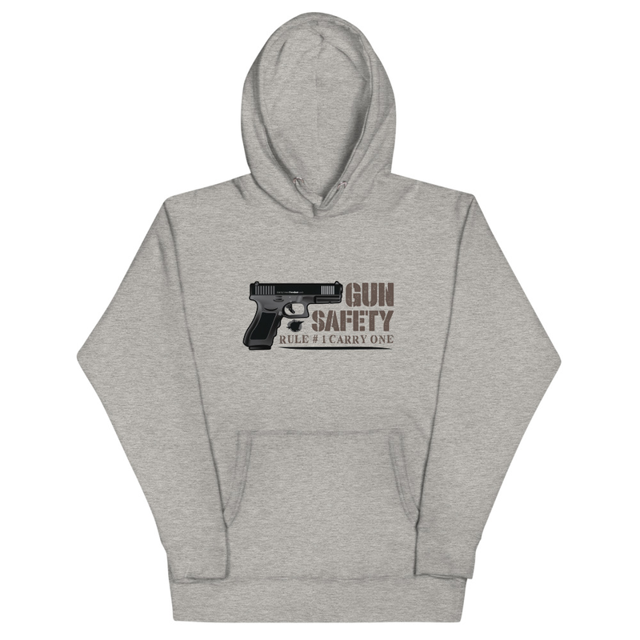 Gun Safety Rule #1 Carry One hoodie in carbon grey, product mockup