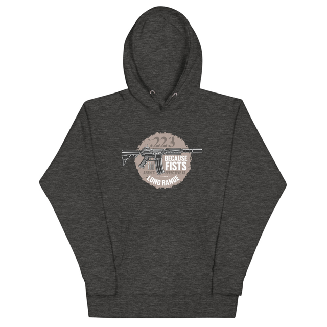 .223 Because Fists Aren't Effective At Long Range hoodie in charcoal heather, product mockup