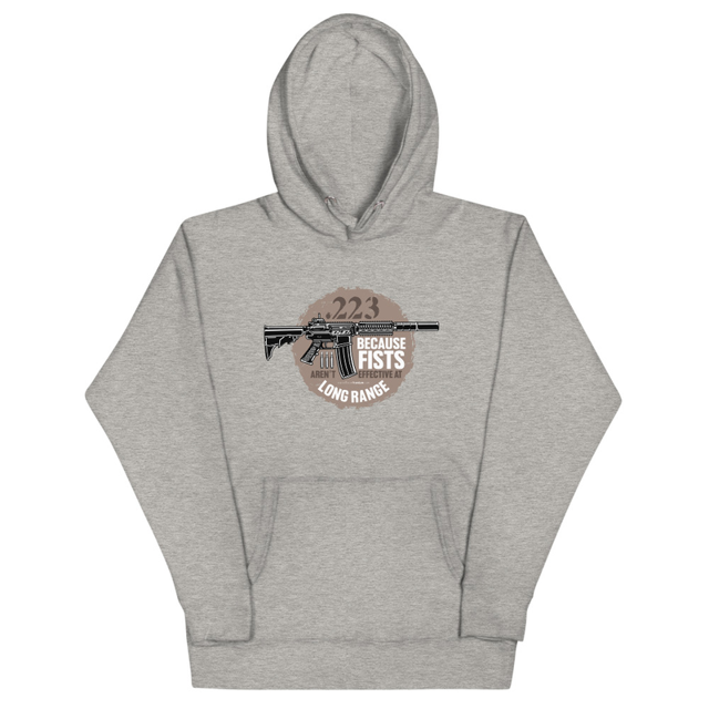.223 Because Fists Aren't Effective At Long Range hoodie in carbon grey, product mockup