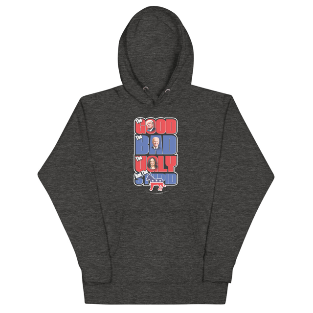 Good, Bad, Ugly, Stupid Political Unisex Hoodie in Charcoal Heather, product mockup
