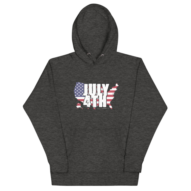 July 4th hoodie in charcoal heather, product mockup