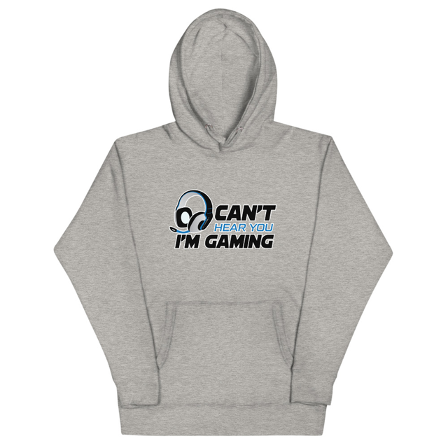 Can't Hear You I'm Gaming hoodie in carbon grey, product mockup