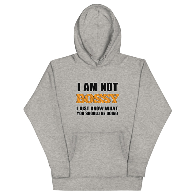 I Am Not Bossy hoodie in carbon grey, product mockup