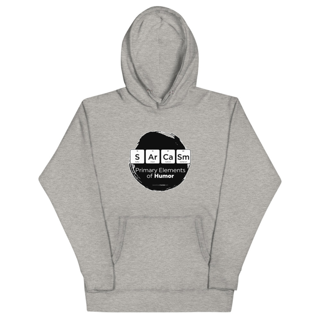 Primary Elements for Humor - Sarcasm Unisex Hoodie in Carbon Grey, product mockup