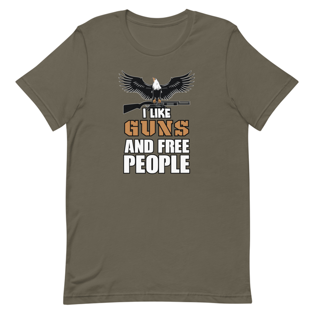 I Like Guns and Free People t-shirt in army green, product mockup